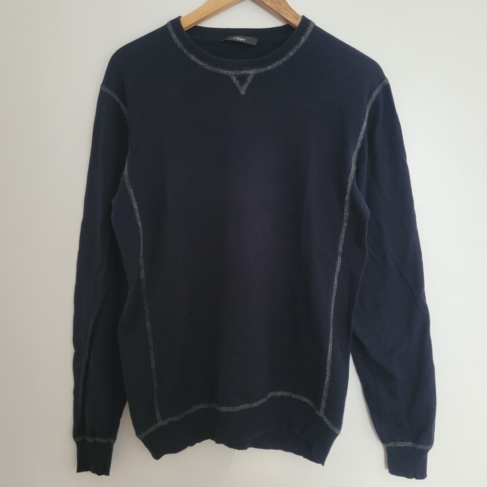 Z Zegna Men's Navy Knit Crewneck Sweater Cotton Cashmere Blend Size M